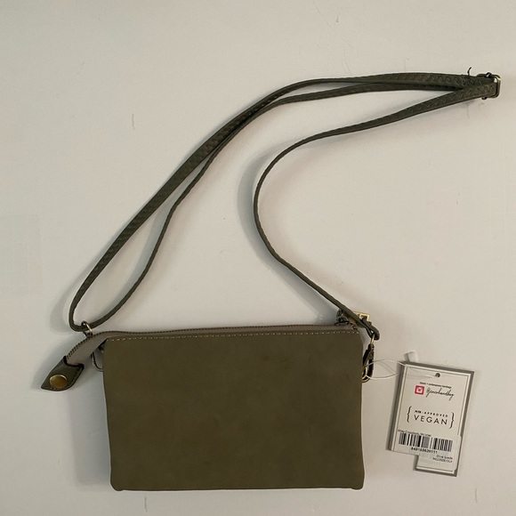 Jen & Co vegan Riley crossbody clutch small bag olive suede - Picture 1 of 12